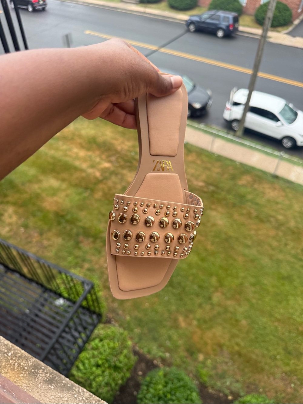 Zara Beige Slide Sandal with Gold Studs